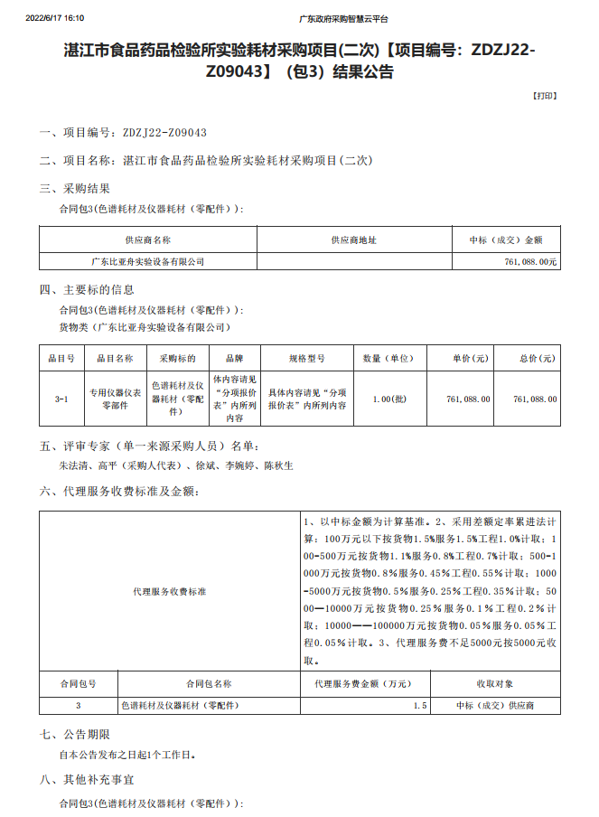 湛江市食品药品检验所实验耗材采购项目(二次)【项目编号：ZDZJ22-Z09043】（包3）结果公告(图1)