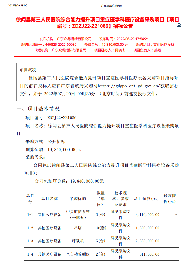 徐闻县第三人民医院综合能力提升项目重症医学科医疗设备采购项目【项目 编号：ZDZJ22-Z21086】招标公告(图1)