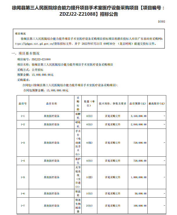 徐闻县第三人民医院综合能力提升项目手术室医疗设备采购项目【项目编号： ZDZJ22-Z21088】招标公告(图1)