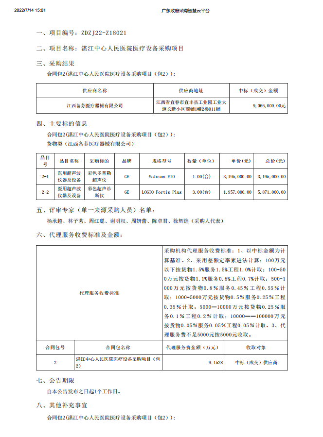 湛江中心人民医院医疗设备采购项目【项目编号：ZDZJ22-Z18021】包2结果公告(图1)