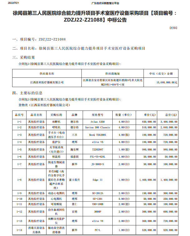 徐闻县第三人民医院综合能力提升项目手术室医疗设备采购项目【项目编号： ZDZJ22-Z21088】中标公告(图1)