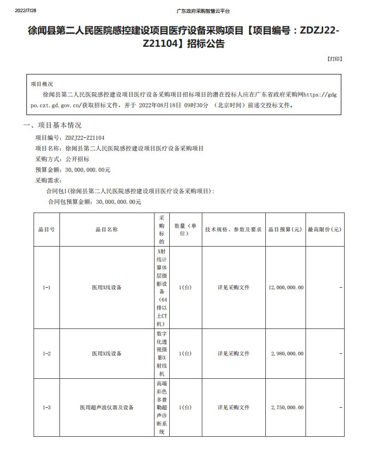 徐闻县第二人民医院感控建设项目医疗设备采购项目【项目编号：ZDZJ22- Z21104】招标公告(图1)