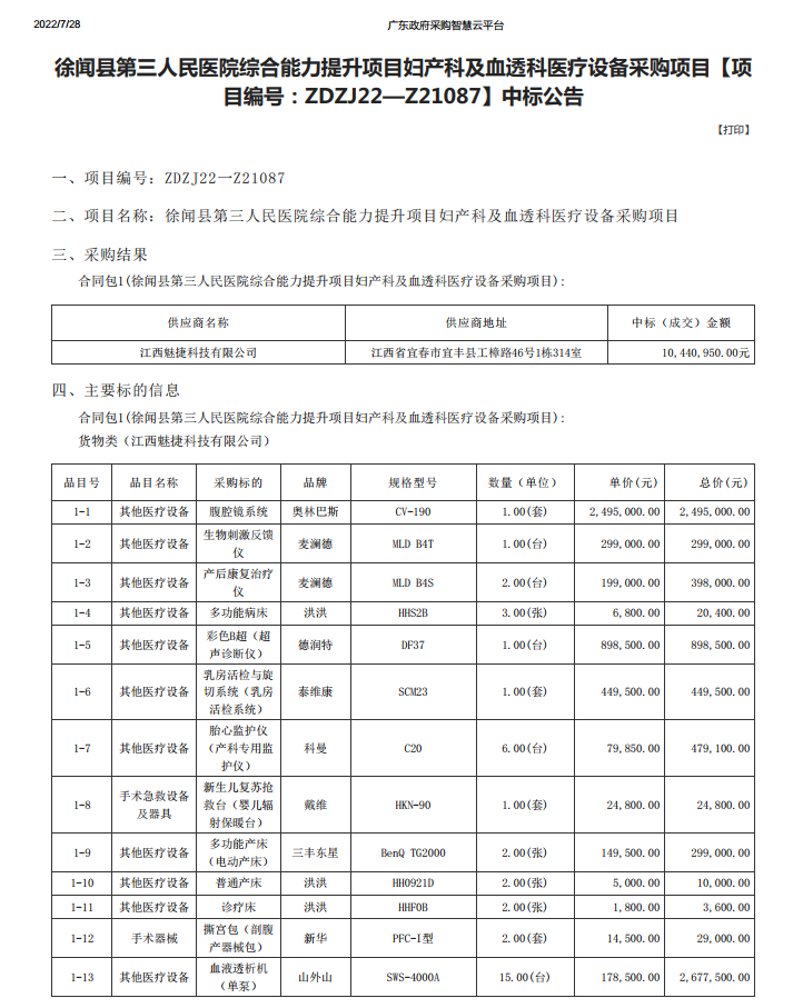 徐闻县第三人民医院综合能力提升项目妇产科及血透科医疗设备采购项目【项 目编号：ZDZJ22—Z21087】中标公告(图1)