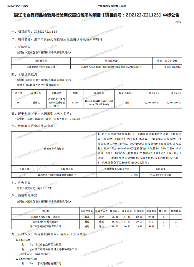 湛江市食品药品检验所检验用仪器设备采购项目【项目编号：ZDZJ22-Z21125】中标公告(图1)