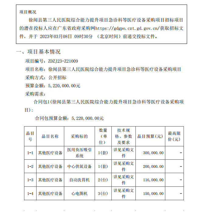 徐闻县第三人民医院综合能力提升项目急诊科等医疗设备采购项目 [ZDZJ23-Z21009]招标公告(图1)