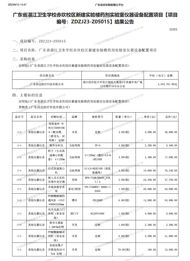 广东省湛江卫生学校赤坎校区新建实验楼药剂实验室仪器设备配置项目【项目 编号：ZDZJ23-Z05015】结果公告(图1)