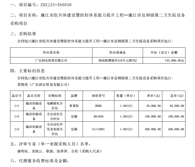 廉江市医共体建设暨防控体系能力提升工程—廉江市良垌镇第二卫生院设备采购项目【项目编 号：ZDZJ23-Z05030】（包 1）结果公告(图1)