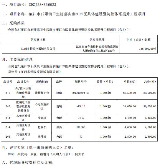 廉江市石颈镇卫生院落实廉江市医共体建设暨防控体系提升工程项目【项目编号：ZDZJ23一 Z66023】包2结果公告(图1)